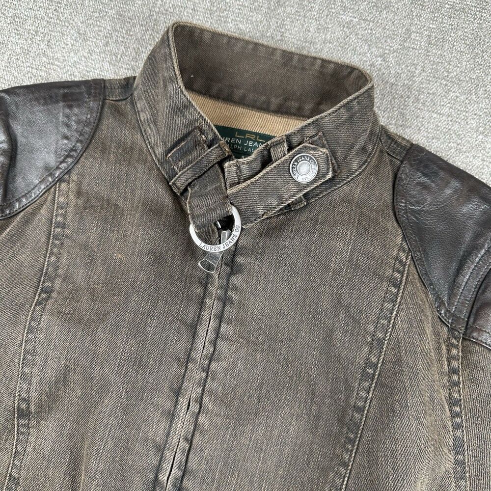 LAUREN Ralph Lauren Olive Denim Moto Utility Jacket Leather Trim Womens Size 8
